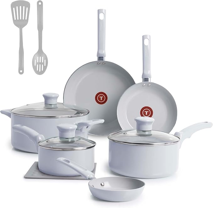 T-Fal Refresh Ceramic Nonstick Cookware Set, 12-Piece Nonstick Cookware, Oven Safe to 350°F, Stockpot, Griddle, Frying Pans, Utensils, Ceramic Pots and Pans Set, Blue by T-falbrand