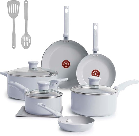 T-Fal Refresh Ceramic Nonstick Cookware Set, 12-Piece Nonstick Cookware, Oven Safe to 350°F, Stockpot, Griddle, Frying Pans, Utensils, Ceramic Pots and Pans Set, Blue by T-falbrand