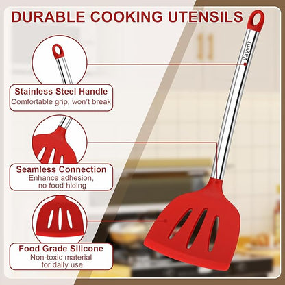 8 PCS Silicone Kitchen Utensils, Vayvnt Large Cooking Utensils Set for Nonstick Cookware, Silicone Spatula Set Includes Spoons and Tongs, Kitchen Essentials for Cooking & Baking, Dishwasher Safe, Red