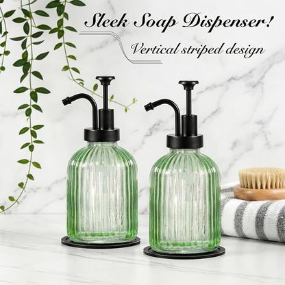 SheeChung Green Glass Soap Dispenser, 12 Oz Liquid Hand Soap Dispenser with Pump, Refillable Lotion Dish Soap Dispenser for Kitchen, Stripes Shampoo Bottle, Bathroom Countertop (Black Pump, 2 Pack)