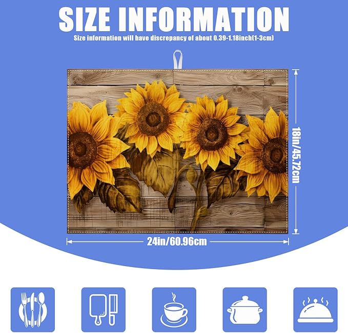 Vintage Sunflower Wooden Grain Dish Drying Mat for Kitchen Counter Drying Pad Absorbent Reversible Dish Drainer Rack Mats Draining Pad 18"x24"Inch - Image 2