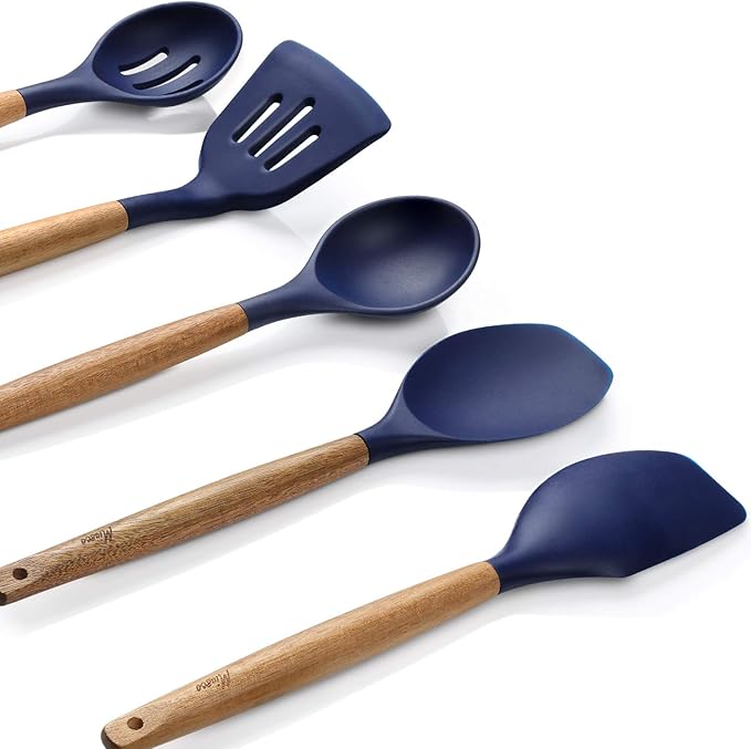 Non-Stick Silicone Kitchen Utensils Set with Natural Acacia Hard Wood Handle, 5 Piece, Midnight Blue, BPA Free, Baking & Serving Silicone Cooking Utensils - Image 5