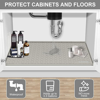 Under Sink Mat, 34" x 22" Waterproof Silicone Under Sink Tray for Kitchen & Laundry Cabinets, Kitchen Cabinet Shelf Protector, Up to 3.3 Gallons Liquid, Fits 36 inch Standard Cabinet(Grey)
