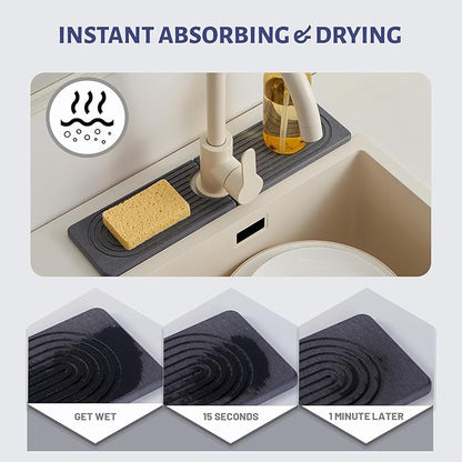 Stone Faucet Mat for Kitchen Sink, Faucet Mat Fast Drying Diatomite, Sink Splash Guard Water Absorbing Stone Tray for Sink, Counter Protector for Kitchen & Bathroom