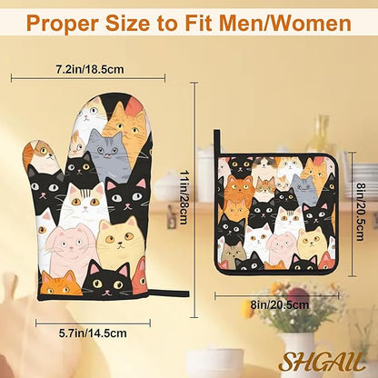Cute Cats Oven Mitts with Matching Potholders - Heat Resistant Kitchen Accessories for Baking, Grilling, Cooking, Gifts for Women