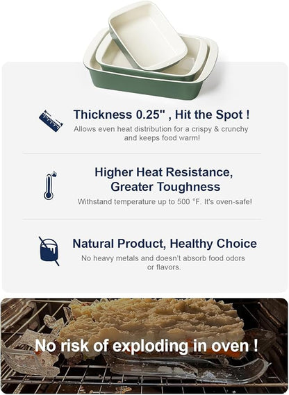 LE TAUCI Deep Casserole Dishes for Oven, 13.7”x9.6” Ceramic Baking Dish Set with Roasting Racks, Large Lasagna Pans with Handles, Rectangular Bakeware as Gift for Mom, Forest Green (4.6QT/3.0QT/1.6QT), Set of 3 - Image 8