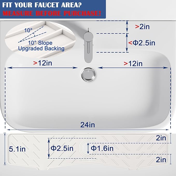 Faucet Mat for Kitchen Sink – 24” x 5.1” Extra-Long Silicone Splash Guard with 10° Slope & Upgraded Drainage – Gen 3 Sink Water Catcher & Sponge Holder for Kitchen, Bathroom (White)