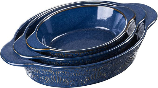 Dafuceramic Casserole Dishes for Oven Sets of 3, Ceramic Oval Baking Dish, Au Gratin Baking Pans with Handles for Roasting, Lasagna, Pie, Baking Meat & Vegetables, Blue by Dafuceramic