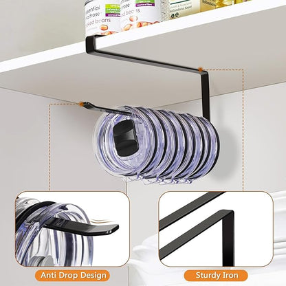 Tumbler Lid Organizer Under Cabinet, Tumbler Lid Storage Hook Up to 10 Lids, Cup Lid Holders Space Saving Tumbler Lid Hanger for Kitchen Storage, Horizontal Paper Towel Hanger (Black)