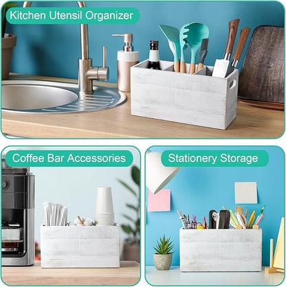 ALELION Rustic White Utensil Holder with Removable Divider - 3 Compartment Wooden Utensil Caddy Organizer for Kitchen Counter - Cooking Utensil Crock for Countertop - Image 6