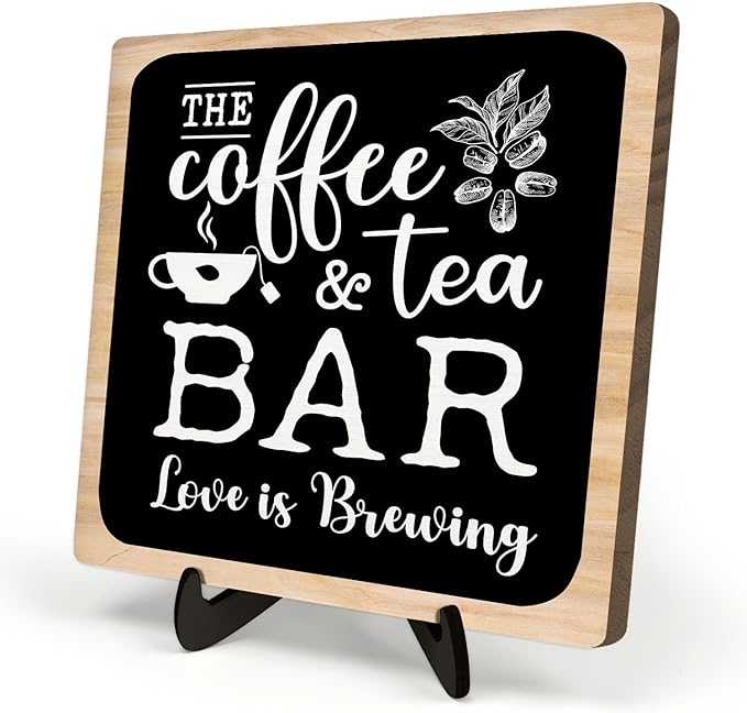 Coffee Bar Plaque, Vintage Desk Decor for Home or Office,Cafe Bar Accessories -The Coffee&Tea Bar Love is Brewing,Coffee Lovers Kitchen Accessories 5.9x5.9inch by DMADNF