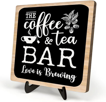Coffee Bar Plaque, Vintage Desk Decor for Home or Office,Cafe Bar Accessories -The Coffee&Tea Bar Love is Brewing,Coffee Lovers Kitchen Accessories 5.9x5.9inch by DMADNF
