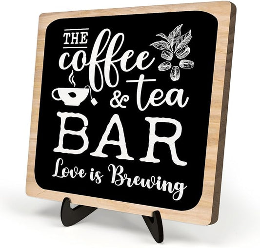 Coffee Bar Plaque, Vintage Desk Decor for Home or Office,Cafe Bar Accessories -The Coffee&Tea Bar Love is Brewing,Coffee Lovers Kitchen Accessories 5.9x5.9inch by DMADNF