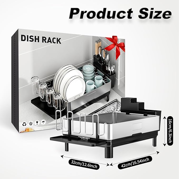 Ewaiira Dish Drying Rack, 304 Stainless Steel Dish Racks for Kitchen Counter, Dish Drainers with Automatic Drainage, Utensil Holder & Cups Holder, Space Saving Kitchen Organizer, Black 16.5''x12.6'' - Image 3