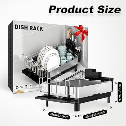 Ewaiira Dish Drying Rack, 304 Stainless Steel Dish Racks for Kitchen Counter, Dish Drainers with Automatic Drainage, Utensil Holder & Cups Holder, Space Saving Kitchen Organizer, Black 16.5''x12.6'' - Image 3