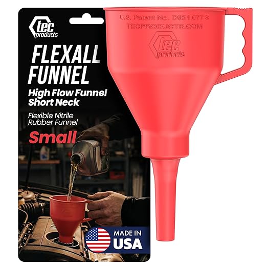 TEC Products FlexAll Short Neck Funnel - Flexible Funnel w/ Hose for Automotive Use - Durable Nitrile Rubber - Car Oil Change, Transmission Fluid, Diesel, Gas - USA Made - Small (8.3 x 4.3 Inches)
