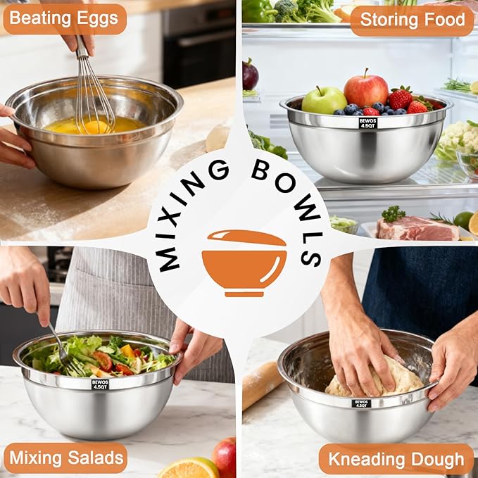 BEWOS Mixing Bowls with Lids Set - 5 Pcs Stainless Steel Mixing Bowls With 3 Grater Attachments, Size 4.5, 4, 3.5, 2.1, 1.5QT Metal Bowls for Baking and Serving (Black) - Image 7