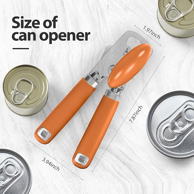 Safring Can Opener Manual, Heavy Duty Stainless Steel Smooth Edge Can Opener With Soft Touch Handle, Oversized Handheld Easy Turn Knob, Multi-Function Bottle Opener, Orange