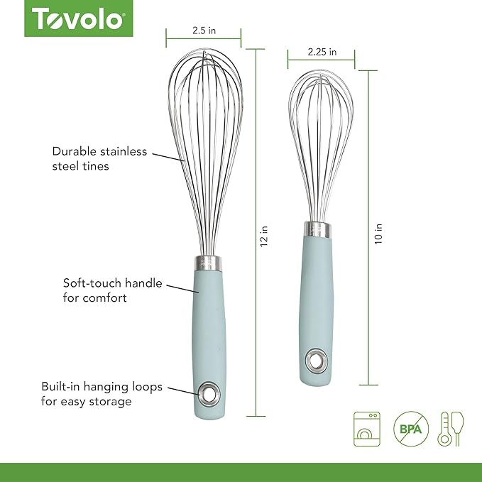 Tovolo Wire Whisk Set of 2 for Baking Cooking Mixing Whisking, 10” & 12” Inch Stainless Steel Wire Kitchen Whisk Set Balloon Design Sturdy Comfort Grip Handle BPA Free Dishwasher Safe, Blue Haze - Image 5
