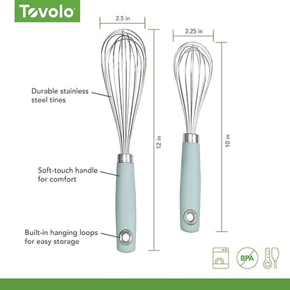 Tovolo Wire Whisk Set of 2 for Baking Cooking Mixing Whisking, 10” & 12” Inch Stainless Steel Wire Kitchen Whisk Set Balloon Design Sturdy Comfort Grip Handle BPA Free Dishwasher Safe, Blue Haze - Image 5