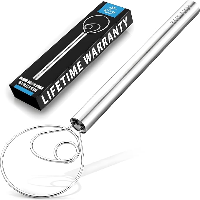 Zulay Kitchen 13-Inch Danish Dough Whisk - Stainless Steel Danish Whisk for Cooking with Dough Hook - Traditional Dutch Whisk - Bread Whisk for Sourdough, Pizza, Pastry, Cake Batter - Stainless Steel by ZulayKitchen
