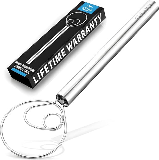Zulay Kitchen 13-Inch Danish Dough Whisk - Stainless Steel Danish Whisk for Cooking with Dough Hook - Traditional Dutch Whisk - Bread Whisk for Sourdough, Pizza, Pastry, Cake Batter - Stainless Steel by ZulayKitchen