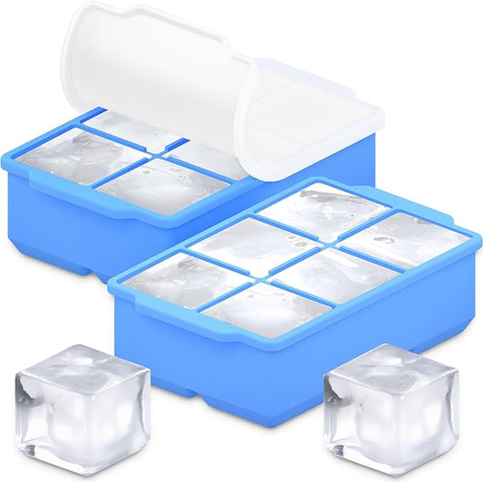 KitchFort Large Silicone Ice Cube Tray (2-Pack), Easy Release 2" Big Ice Cubes - Cocktail, Whiskey Ice Cubes Mold - Ice Trays for Freezer with Lid - Stackable Silicone Ice Tray - Blue by KitchFort