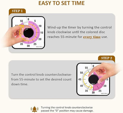 Secura 60-Minute Visual Countdown Timer, 7.5-Inch Oversize Classroom Visual Timer for Kids and Adults, Durable Mechanical Kitchen Timer Clock with Magnetic Backing (Peony Color) - Image 2