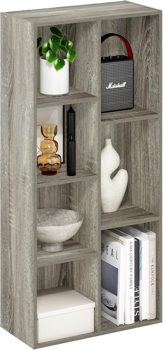 Furinno LUDER Book Shelf, 7-Cube Bookshelf, Bookcase with Open Shelves, 9.4 x 19.5 x 41.7, Easy Assembly, for Living Room, Bedroom, Home Office, French Oak by Furinno-FitsYourSpaceFitsYourBudget