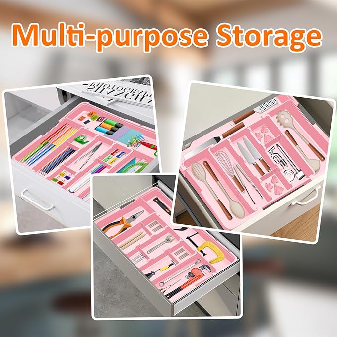 Spaclear Large Utensil Drawer Organizer Expandable Silverware Organizer for Kitchen Drawer Adjustable Cooking Utensil Holder Cutlery Flatware Tray Spatula Tools Gadgets Storage Dividers Plastic Pink - Image 9