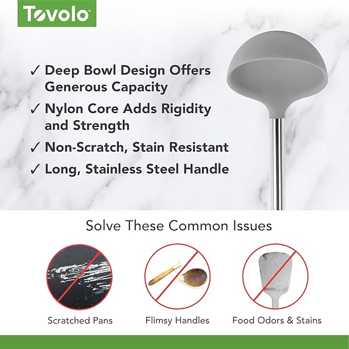 Tovolo Silicone Ladle With Stainless Steel Handle Deep Soup Ladle for Cooking Canning Serving Soup Punch Stew Sauce, Large Kitchen Utensil Spoon Dishwasher Safe BPA Free Silicone Oyster Gray - Image 3