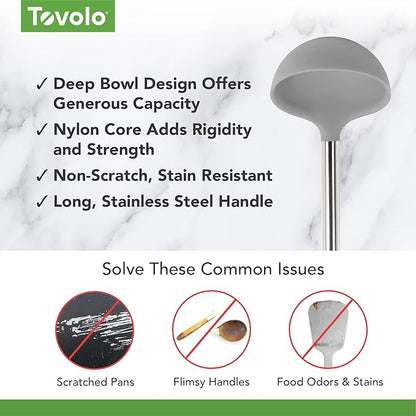 Tovolo Silicone Ladle With Stainless Steel Handle Deep Soup Ladle for Cooking Canning Serving Soup Punch Stew Sauce, Large Kitchen Utensil Spoon Dishwasher Safe BPA Free Silicone Oyster Gray - Image 3
