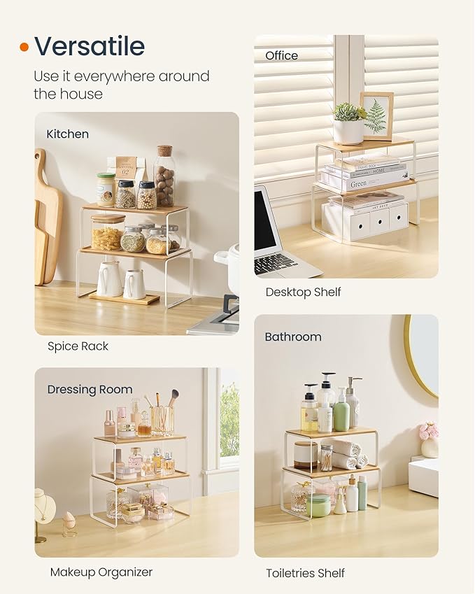 SONGMICS HOME Cabinet Organizer Shelf, Set of 2 Kitchen Counter Shelves, Kitchen Storage, Spice Rack, Stackable, Expandable, Metal and Bamboo, Light Bamboo UKCS050N01 - Image 7