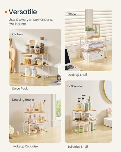 SONGMICS HOME Cabinet Organizer Shelf, Set of 2 Kitchen Counter Shelves, Kitchen Storage, Spice Rack, Stackable, Expandable, Metal and Bamboo, Light Bamboo UKCS050N01 - Image 7