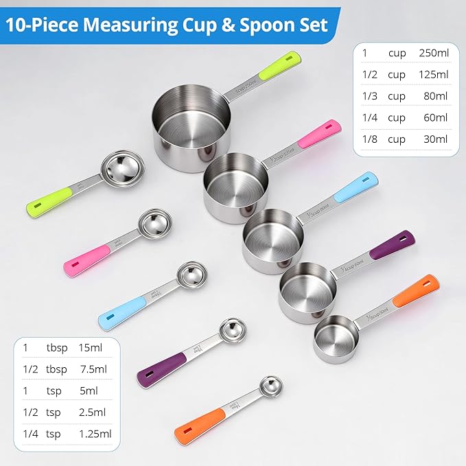 Bopei Measuring Cups and Spoons Set Stainless Steel 10 Piece for Cooking and Baking (5 Cups + 5 Spoons, Colorful Handles) - Image 2