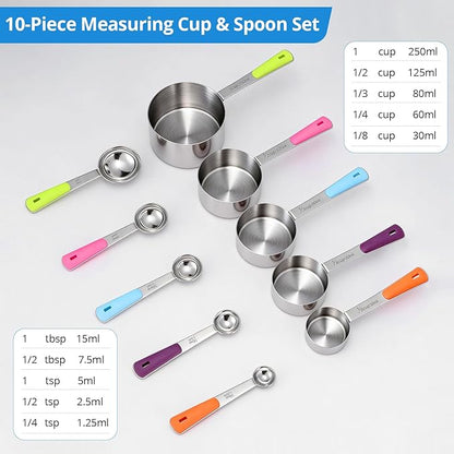 Bopei Measuring Cups and Spoons Set Stainless Steel 10 Piece for Cooking and Baking (5 Cups + 5 Spoons, Colorful Handles) - Image 2