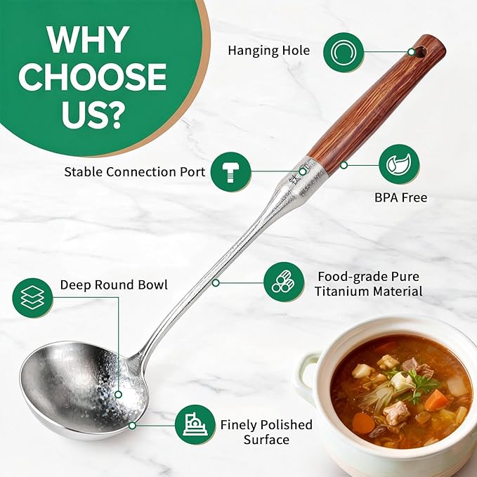 Newness Soup Ladle, [Rustproof, Heat Resistance] Resilient Pure Titanium Soup Spoon with Long Ergonomic Natural Wooden Round Handle, Non-Toxic Cooking Spoon for Kitchen, 14.56 Inches - Image 2