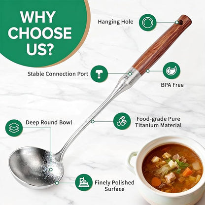 Newness Soup Ladle, [Rustproof, Heat Resistance] Resilient Pure Titanium Soup Spoon with Long Ergonomic Natural Wooden Round Handle, Non-Toxic Cooking Spoon for Kitchen, 14.56 Inches - Image 2