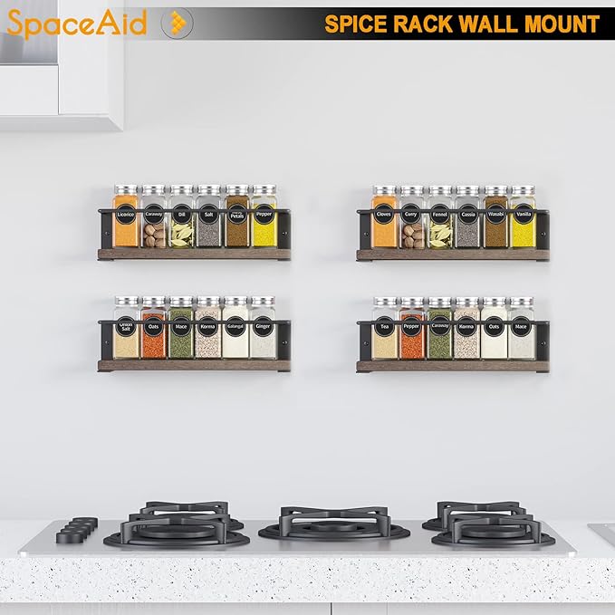 SpaceAid Spice Rack with 24 Spice Jars, 386 Spice Labels, Chalk Marker and Funnel, Wood Hanging Seasoning Shelf for Cabinet Door or Wall Mount (4 Pack) - Image 3