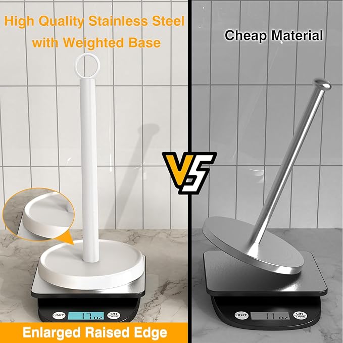 White Paper Towel Holder Countertop, White Kitchen Accessories Decor, Stainless Steel, Paper Towel Holder Stand for Bathroom Farmhouse Essentials, Weighted Base, Anti-Slip - Image 3