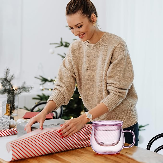 DOPUDO 11oz Pink Glass Tea Cup with Infuser and Lid– Versatile and Elegant Gift for Women, Perfect for Loose Leaf Tea and Other Beverages. - Image 2