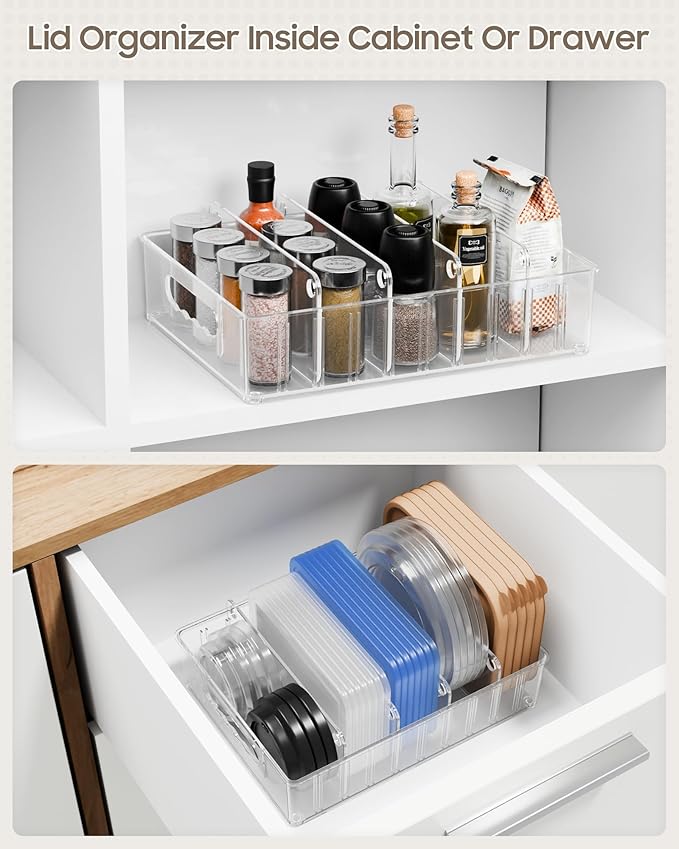 LYNG Lid Organizers Inside Cabinet, Clear Plastic Storage Lid Organizer With 4 Adjustable Dividers, Food Container Lid Organizer For Kitchen Pantry Grey - Image 4