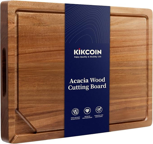 Kikcoin Acacia Wood Cutting Boards for Kitchen, Wooden Cutting Board, Chopping Board with Built-In Compartments and Juice Groove, Solid Charcuterie Board Serving Tray Wood Butcher Block, 17" x 11.8" by Kikcoin
