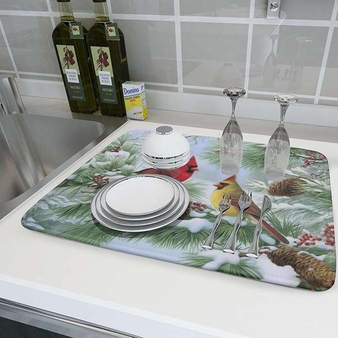 Winter Dish Drying Mat for Kitchen Counter Cardinal Birds Pine Trees Festival Microfiber Absorbent Dish Draining Reusable Washable Foldable Extra Large 18"x24" - Image 6
