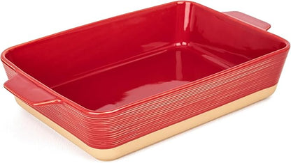 Dafuceramic Casserole Dish for Oven, 4.2 QT Baking Dish, 9x13 Large Porcelain Baking Pan, Durable Rectangular Lasagna Pan Deep with Handles, Microwave Oven Safe, Home Decor, Wedding Gift,(Khaki & Red) by Dafuceramic