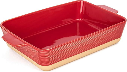 Dafuceramic Casserole Dish for Oven, 4.2 QT Baking Dish, 9x13 Large Porcelain Baking Pan, Durable Rectangular Lasagna Pan Deep with Handles, Microwave Oven Safe, Home Decor, Wedding Gift,(Khaki & Red) by Dafuceramic