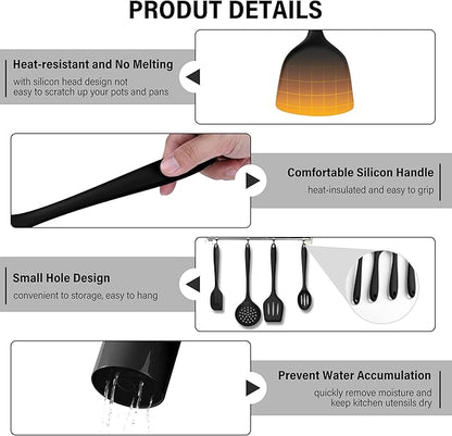 HaWare 11 PCS Silicone Cooking Utensils Set, Heat Resistant Kitchen Utensils with Holder, Food-grade Spatula Sets for Nonstick Cookware, Kitchen Tools Gadgets Include Fish Turner, Spoon (Black) - Image 4