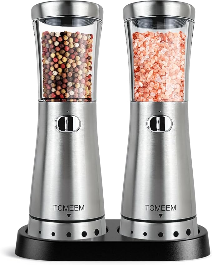 Electric Salt and Pepper Grinder Set with Storage Base, Stainless Steel Rechargeable Salt and Pepper Grinder Set with 4.5 oz Large Capacity, 1.8" Wide Mouth, Adjustable Coarseness, Ideal for Kitchen by Tomeem