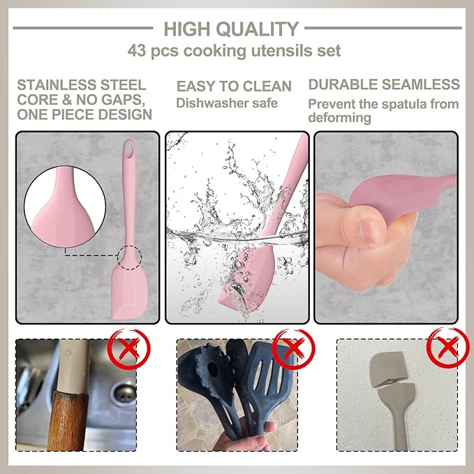 Silicone Cooking Kitchen Utensil Set, AIKKIL 43 Pcs Pink Cooking Utensils Set, Turner, Tongs, Spoon, Spatula, Kitchen Gadgets Tools Set For Nonstick Cookware, Heat Resistant (Dishwasher, BPA Free) - Image 6