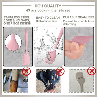 Silicone Cooking Kitchen Utensil Set, AIKKIL 43 Pcs Pink Cooking Utensils Set, Turner, Tongs, Spoon, Spatula, Kitchen Gadgets Tools Set For Nonstick Cookware, Heat Resistant (Dishwasher, BPA Free) - Image 6